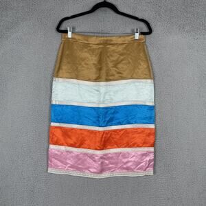 J Crew Skirt Womens 6 Multicolor Striped Linen Blend Lace Trim Knee Length AO809